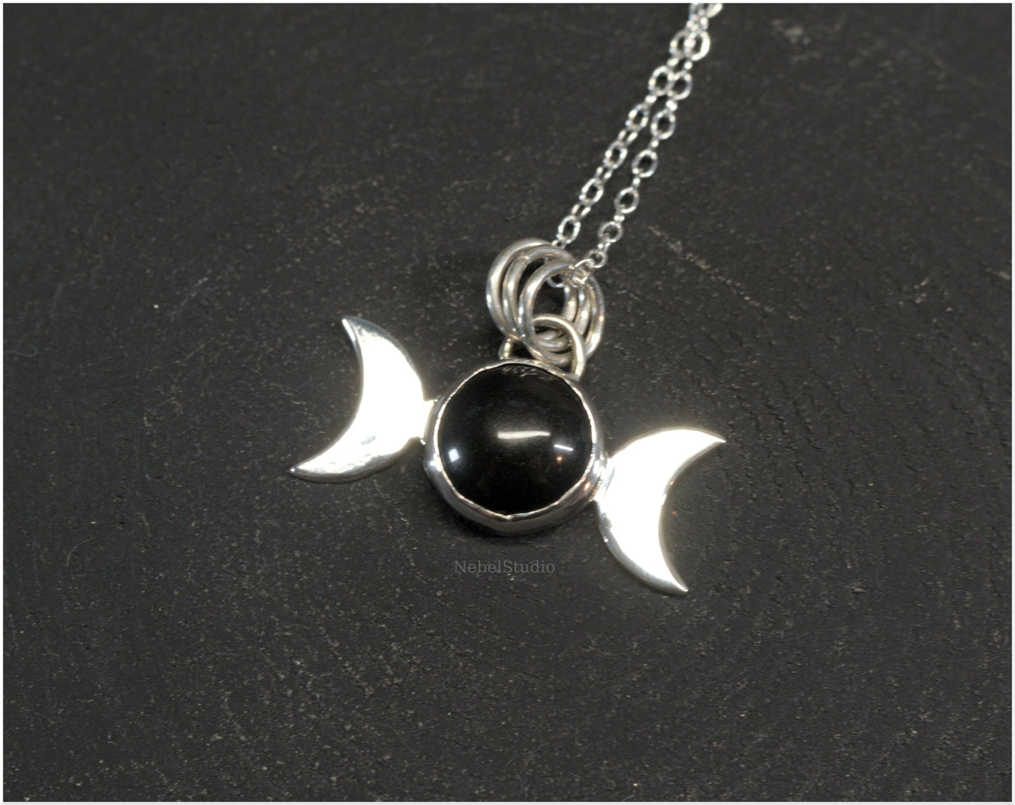 Silver triple moon pendant simple style with obsidian