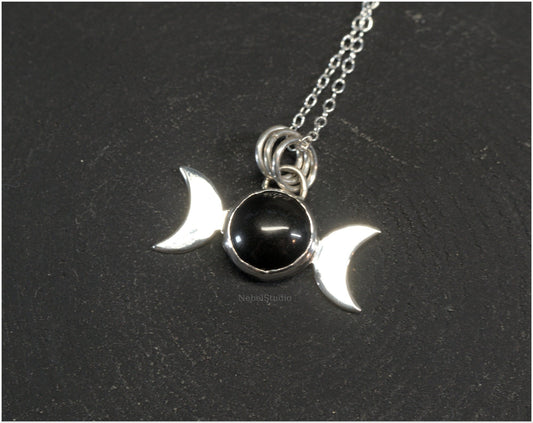 Colgante plata triple luna simple con obsidiana