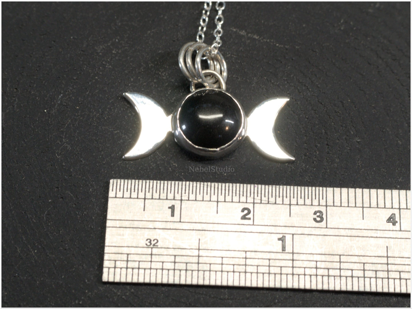 Silver triple moon pendant simple style with obsidian